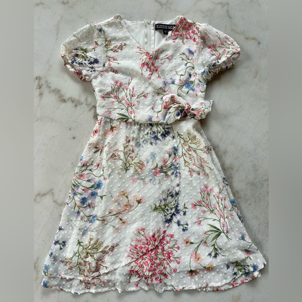 Trixxi Girl White Floral faux wrap dress